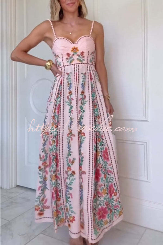 Delicate Forest Unique Print Sweetheart Neck Beaded Straps Maxi Dress