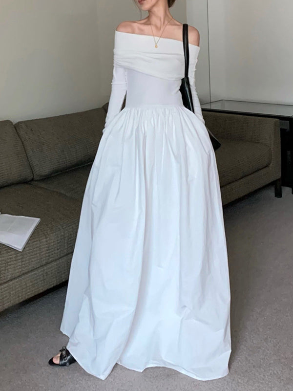 Long Sleeves Pleated Color Split-joint Off-the-shoulder Maxi Dresses