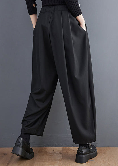 Pockets Crop Waist Elastic Cotton Spring Grey Pants