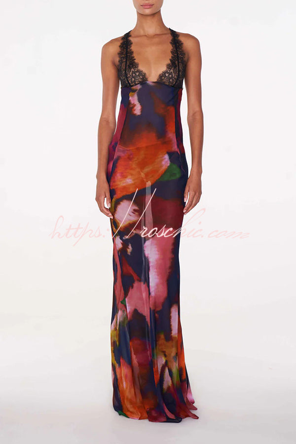 Rosalinda Abstract Print Lace Patchwork Back Lace-up Maxi Dress