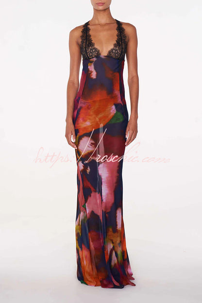 Rosalinda Abstract Print Lace Patchwork Back Lace-up Maxi Dress