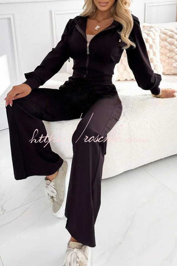 Color Hooded Zip-up Jacket and Elastic Waist Pocket Wide-leg Pants Set