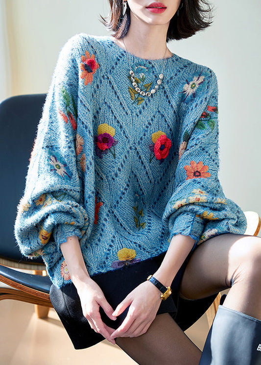 Blue O-neck Hollow Out Knit Sweaters Fall Qc032