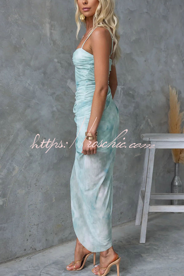 Saloni Mesh Print Twist Ruched Detail Irregular Hem Stretch Maxi Dress