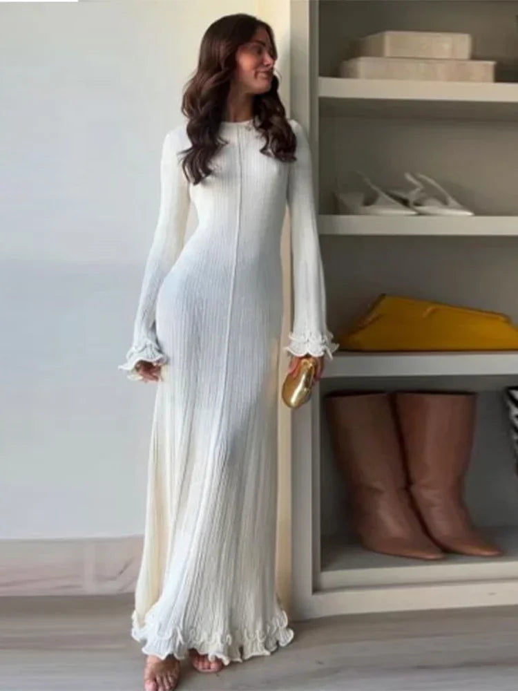 Autumn Ruffled White Maxi Dress Backless Lace-up Slim Ribbed Long Sleeve Patchwork Dress Knitwear Female Long Dress