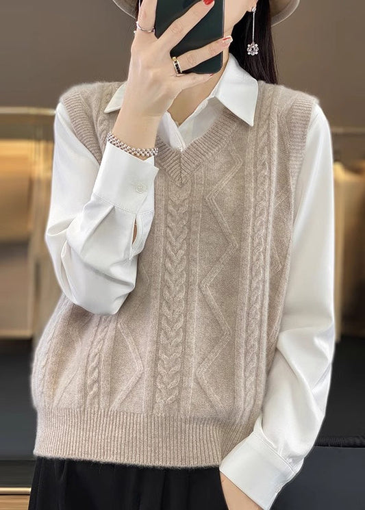 Camel V Neck Thick Cable Wool Knit Waistcoat Fall Qp042