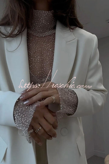 Wear Tool Glitter Decoration Mesh High Neck Lantern Sleeve Blouse