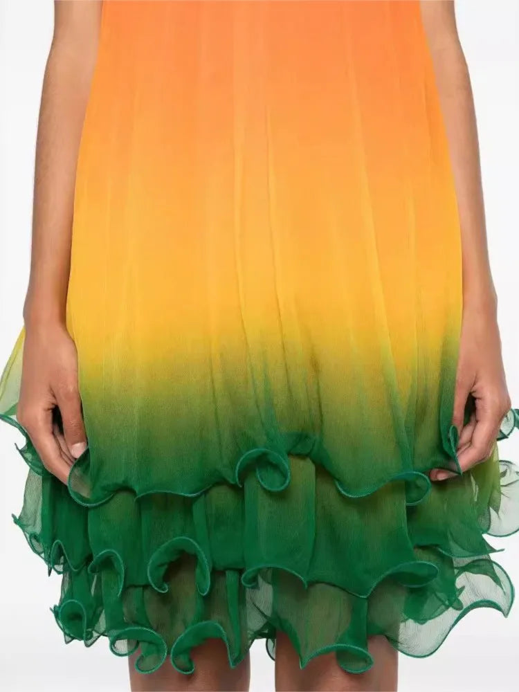 Gradient Halter Neck Leace-up Midi Dresses Off Shoulder Irregular Ruffles Dress Female Party Club Vestidos