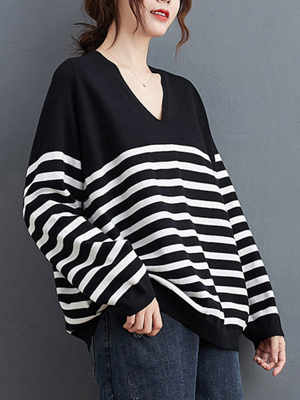 Loose Black V-neck Contrast Color Striped Long Sleeve Knit Sweater An1035
