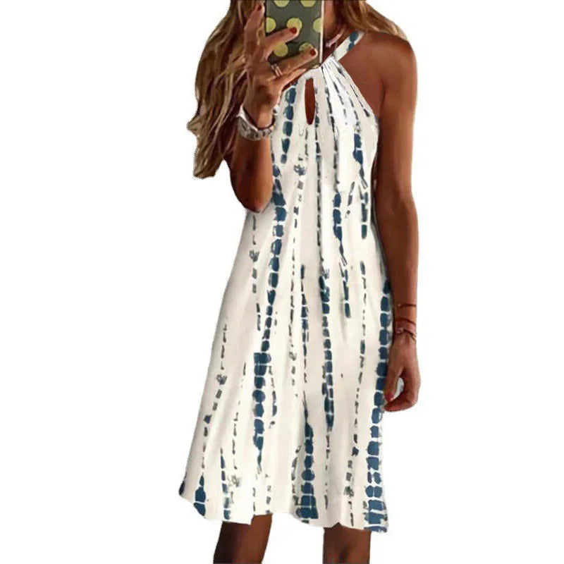 Simple Print Halter Neck Mini Dresses Hollow Out Backless Sleeveless Dress Lady Commuting Short Vestidos