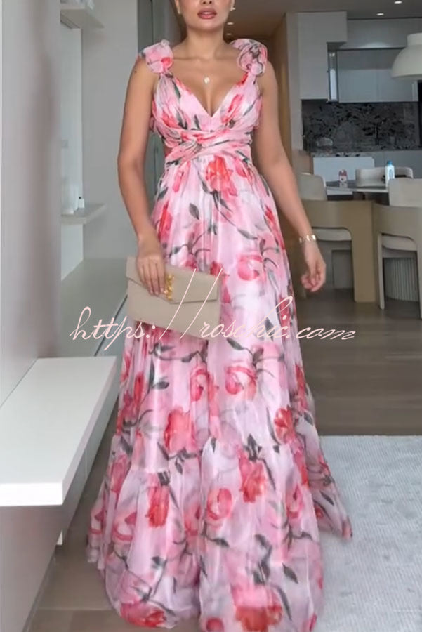 Whimsy Grace Tulle Ruffle Detail Back Lace-up Pleated Maxi Dress