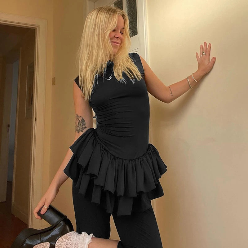 Ruffles Splice Vest Mini Dress for Sleeveless Slim Fit Color Hot Girl Club Party Dress Female