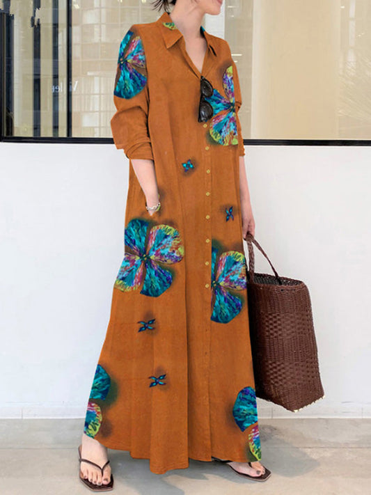 Printed Lapel Oversize Maxi Dress