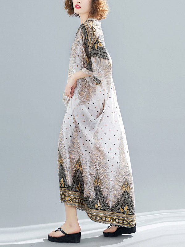 Printed V-neck Batwing Sleeve Maxi Dress