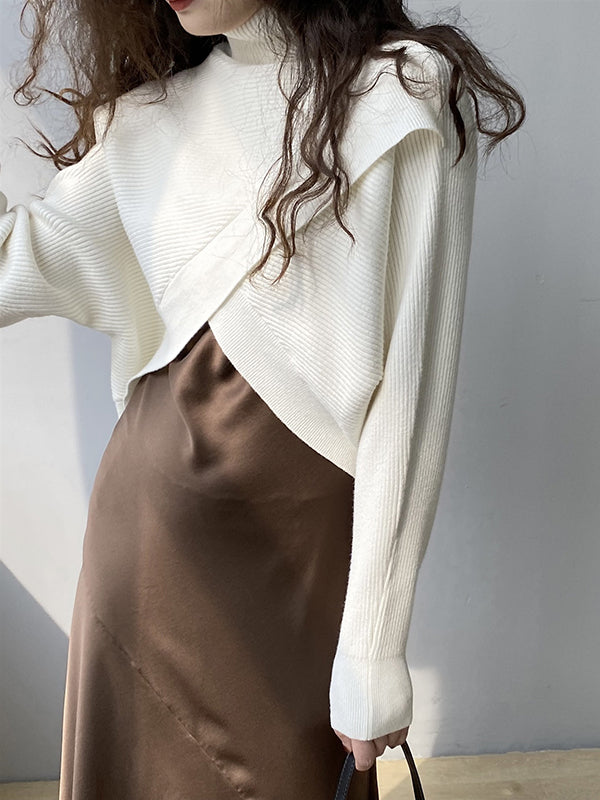Urban White High-neck Split-front Long Sleeve Crop Sweater An1034