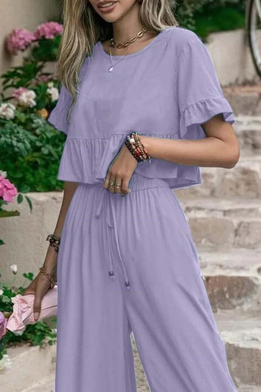 Loose Color Short-sleeved Wide-leg Pants Two-piece Set