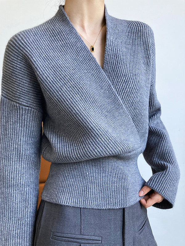 French Grey Cross V-neck Long Sleeve Sweater Qx012