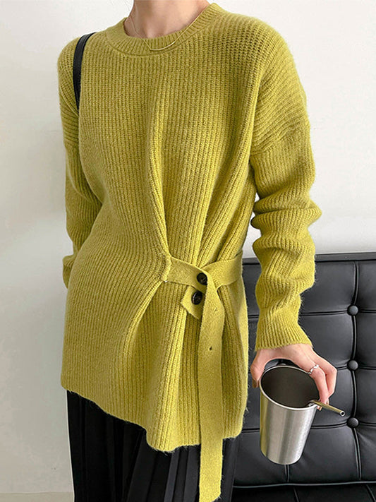 Green Round-neck Bandage Long Sleeve Knit Sweater An1036