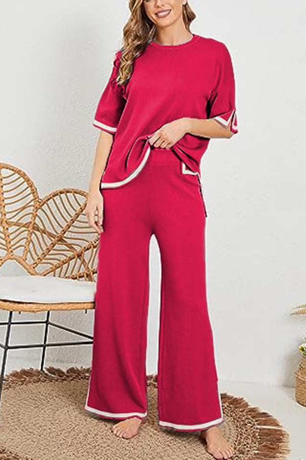Lounge or Wear Knit Patchwork Color Block Short Sleeve Top and Elastic Wide Leg Pants