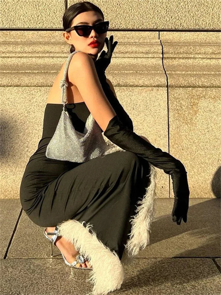 Black Patchwork With Gloves Maxi Dress Female Fur Feather Slim Off-shoulder Side Split Dress Bandeau Long Dress