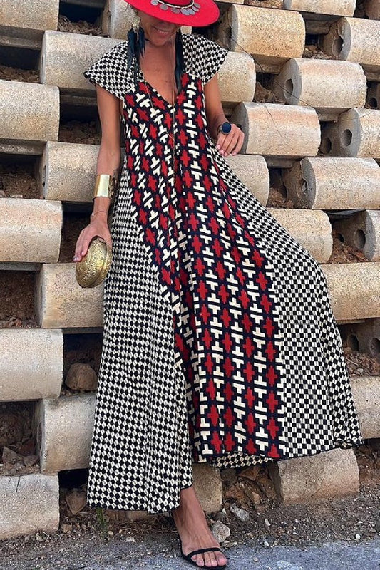 Fresh Breeze Unique Print Ruffle Sleeve A-line Maxi Dress