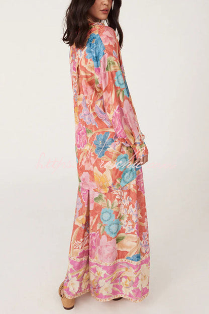 Painter's Garden Print Elastic Waist Pocketed Wide Leg Pants