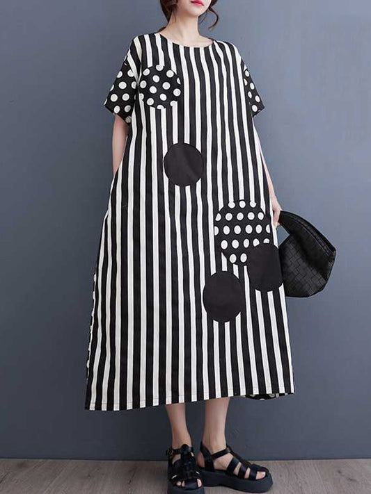 Loose Short Sleeves Polka-dot Striped Round-neck Midi Dresses