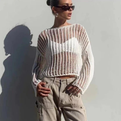 Hollow Out Pullover Pullover Oversize Kniited Long Sleeve Sweater Femme Beach Knitwear Cover-up
