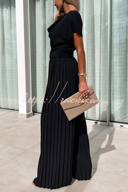 Ivy Cowl Neck Short Sleeve Belt Pleated Loose Wide Leg Jumpsuit