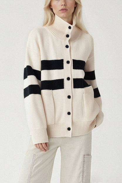 Color Block Stripe Turtleneck Loose Knit Cardigan