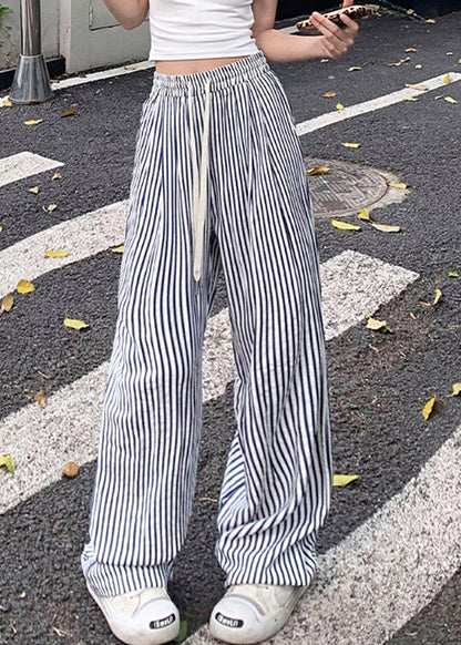 New Blue Striped Pockets Elastic Waist Cotton Pants Summer Nn003