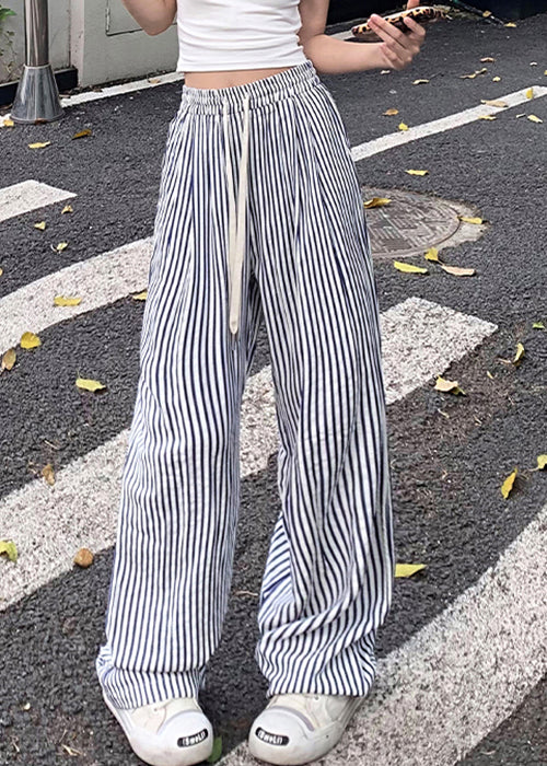 New Blue Striped Pockets Elastic Waist Cotton Pants Summer Nn003