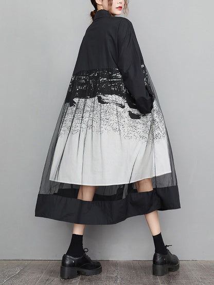 A-line Long Sleeves Buttoned Gauze Printed Split-joint Lapel Midi Dresses
