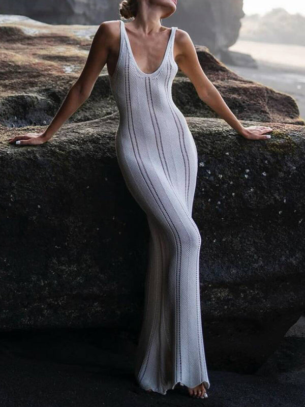 Skinny Sleeveless Backless Hollow See-through Color Split-joint Wide Straps Maxi Dresses