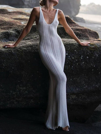 Skinny Sleeveless Backless Hollow See-through Color Split-joint Wide Straps Maxi Dresses