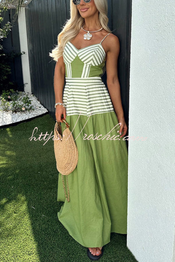 Dove Linen Blend Striped Contrast Back Smocked Slip Maxi Dress