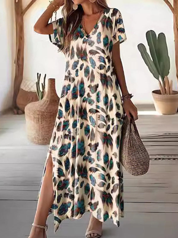 Loose Short Sleeves Printed Split-side V-neck Maxi Dresses