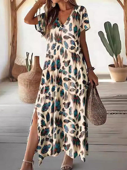 Loose Short Sleeves Printed Split-side V-neck Maxi Dresses