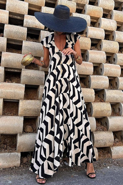 Fresh Breeze Unique Print Ruffle Sleeve A-line Maxi Dress