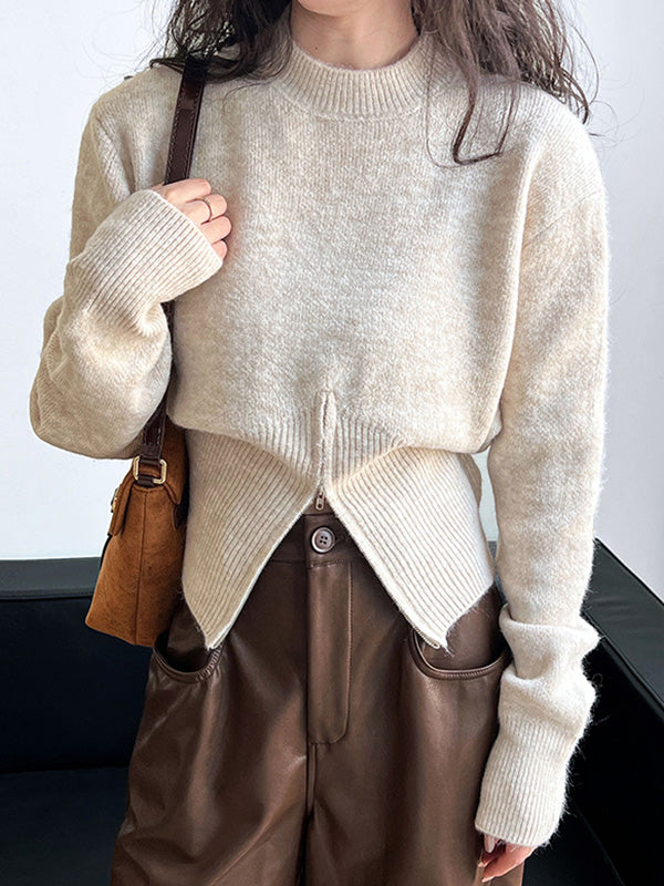 Urban Coffee Mock Neck Zipper Slit Hem Long Sleeve Sweater Qx004