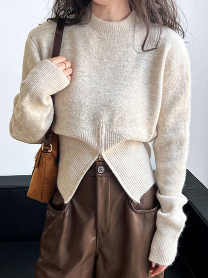 Urban Coffee Mock Neck Zipper Slit Hem Long Sleeve Sweater Qx004
