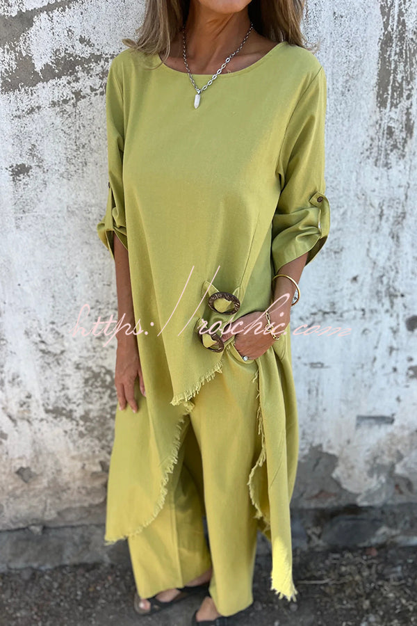 Jamilah Linen Blend Ring Detail Midi Blouse and Elastic Waist Pocketed Loose Pants Set