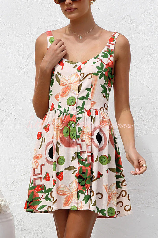 Botanical Print Sleeveless Button-down Mini Dress