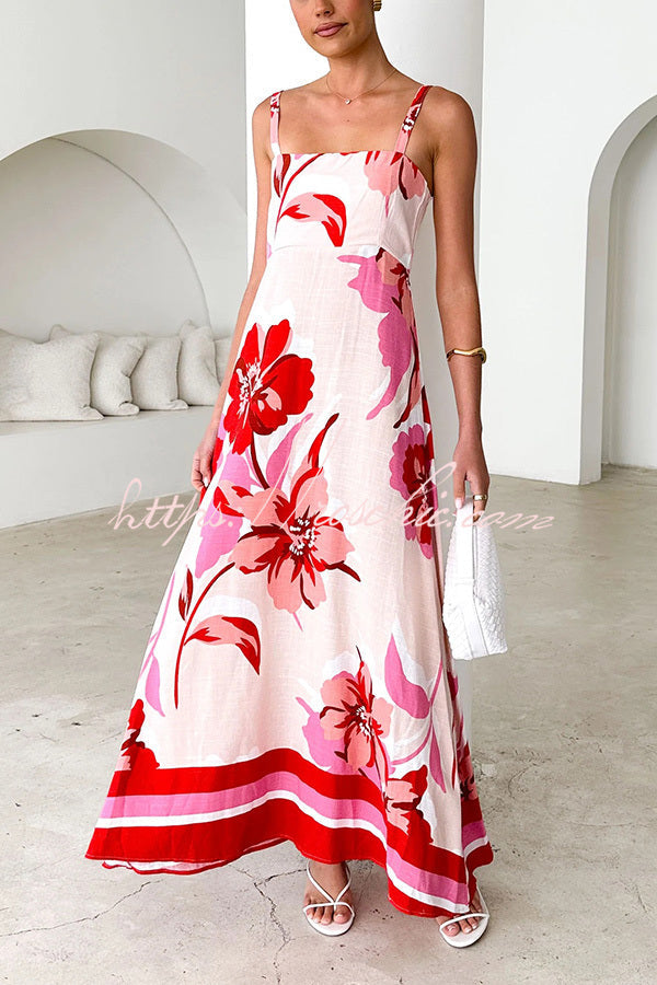 Print Strap Square Neck Large Hem Maxi Dress