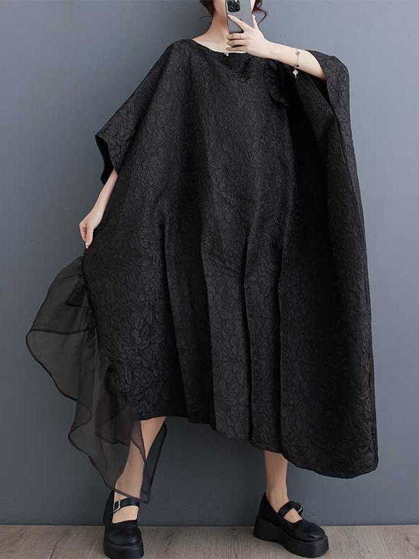 Batwing Sleeves Loose Asymmetric Flower Shape Gauze Jacquard Pleated Color Split-joint Round-neck Midi Dresses