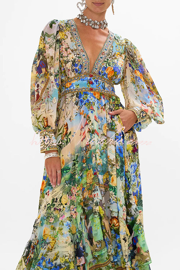 Fairy Tale Print V-neck Lantern Sleeve Waist Maxi Dress