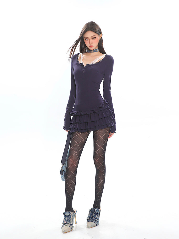 Lace Trim Ruffle Mini Dress