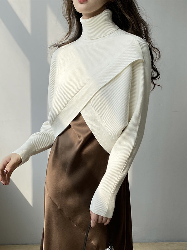 Urban White High-neck Split-front Long Sleeve Crop Sweater An1034