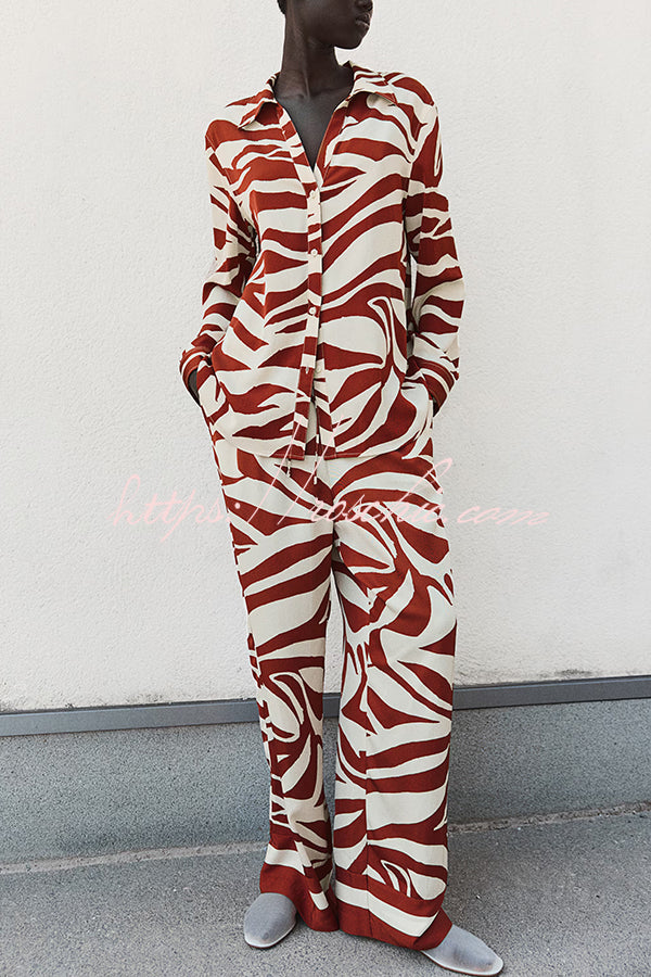 Unique Print Lapel Long Sleeve Loose Shirt and Elastic Waist Pocket Wide Leg Pants Set