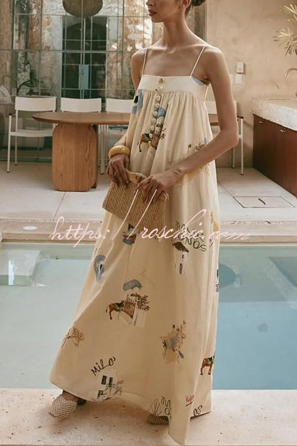 Linen Blend Sling Backless Loose Holiday Maxi Dress